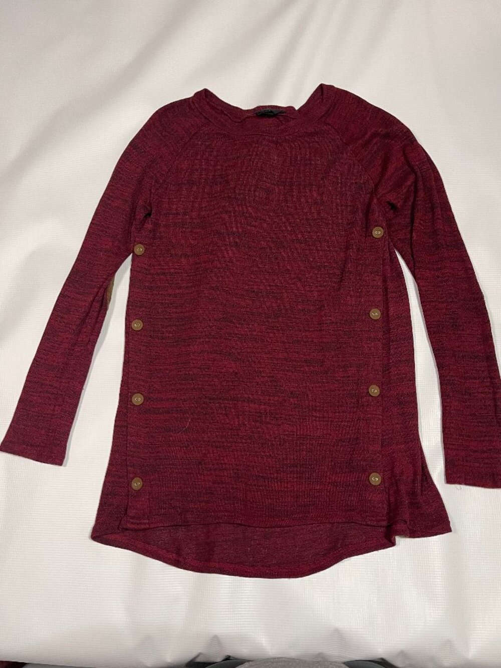 Dark Red Marled Knit Long Sleeve Top with Side Buttons and Elbow Patches